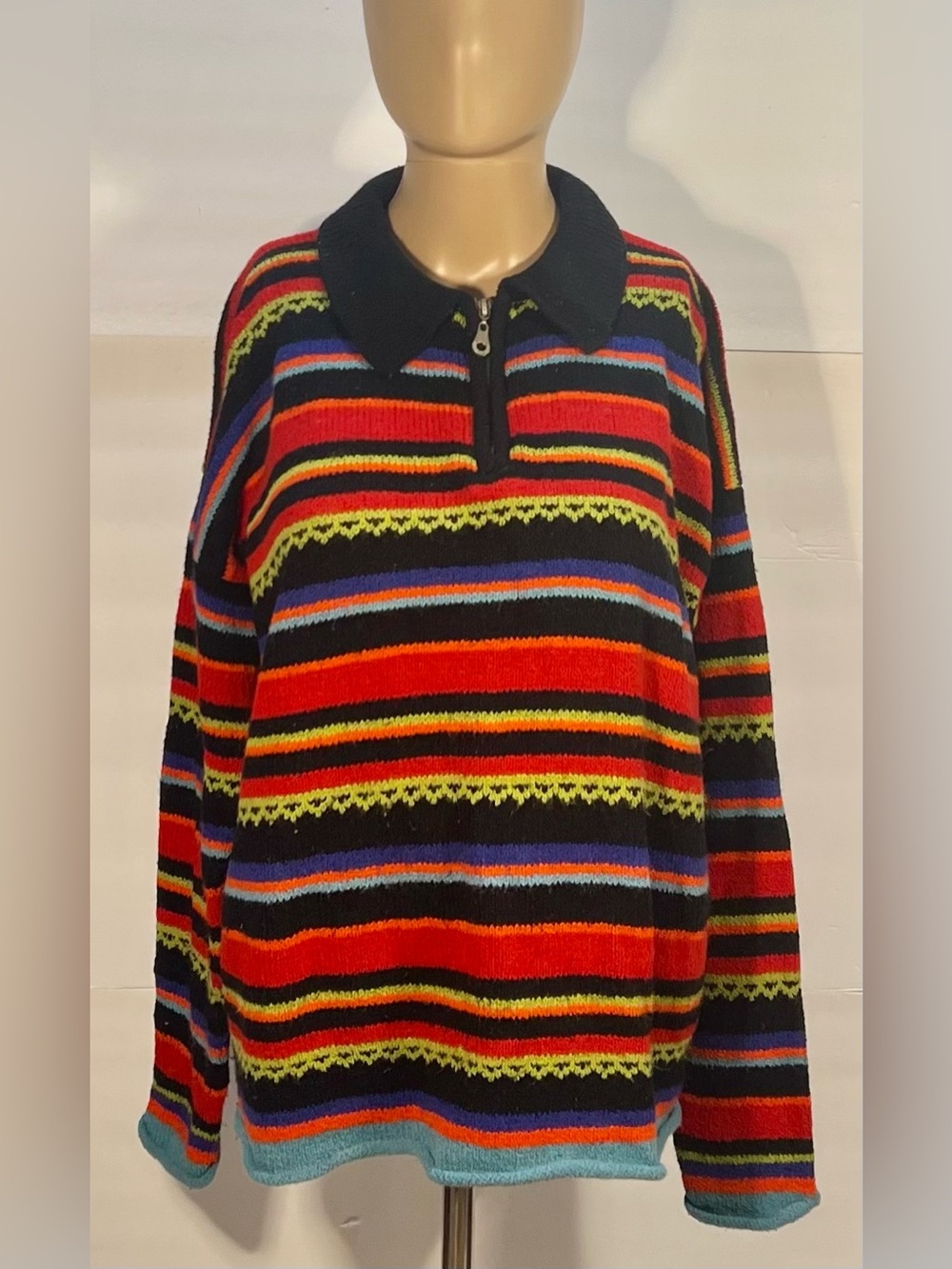ExpressBlack Zip Sweater with Red, Blue & Green Stripes Size medium